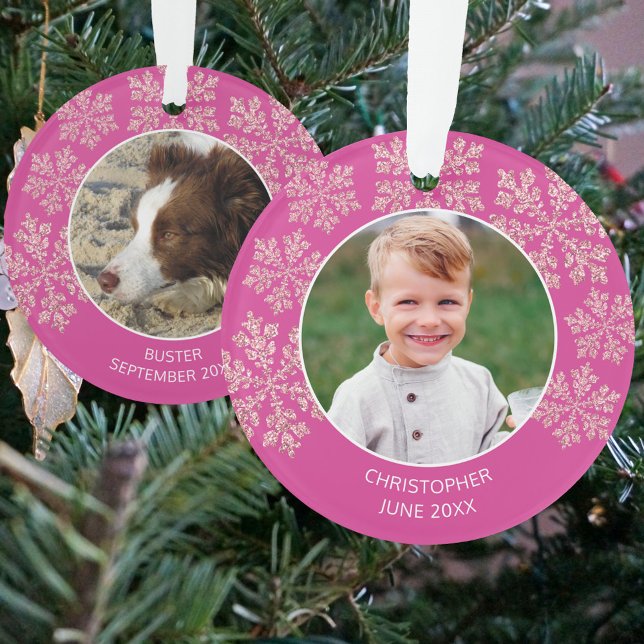 Snowflake Berry Bling Niedlich 2 Foto Weihnachten Ornament (These round 2 photo holiday ornaments in bright pink with snowflakes are perfect for gifting)