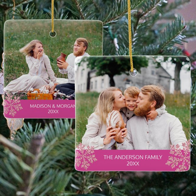 Snowflake Berry Bling Trendy 2 Foto Weihnachten Keramikornament (Personalize these fun pink snowflake square ceramic ornaments for yourself and as cute gifts)