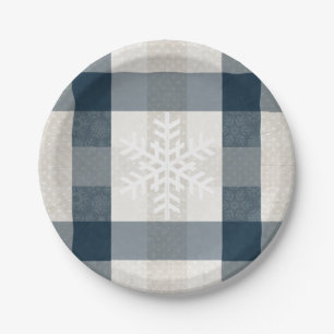 Snowflake Blue Kariert Winterferien Weihnachten Pappteller