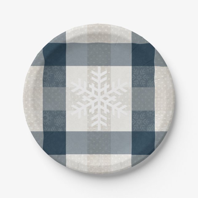 Snowflake Blue Kariert Winterferien Weihnachten Pappteller (Vorderseite)