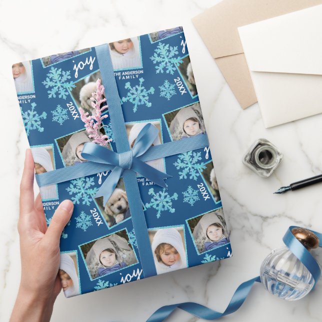 Snowflake Blue Opal Elegante Weihnachten 3 Foto Geschenkpapier (Schenken)