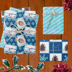 Snowflake Blue Opal Pinstreifen 3 Foto Weihnachten Geschenkpapier Set