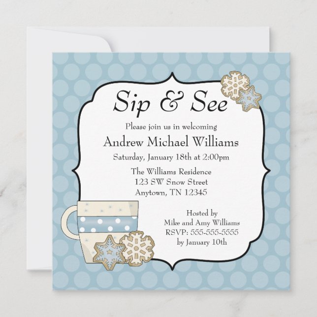 Snowflake Blue Polka Dot Sip und See Einladung (Vorderseite)