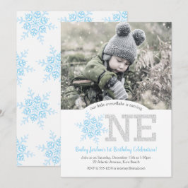 Snowflake Blue & Silver Glitzer 1. Geburtstag Foto Einladung