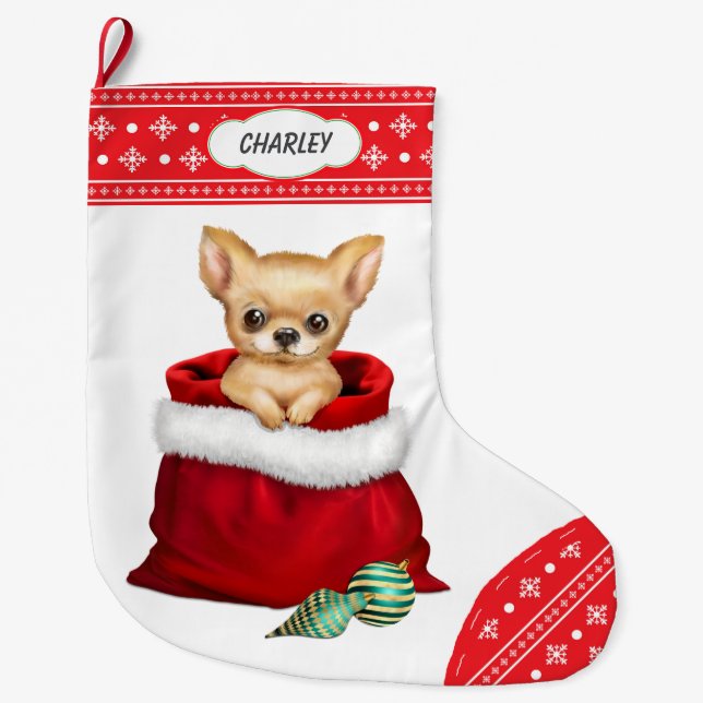 Snowflake Border Chihuahua Welpe Überraschung Großer Weihnachtsstrumpf (Vorderseite)