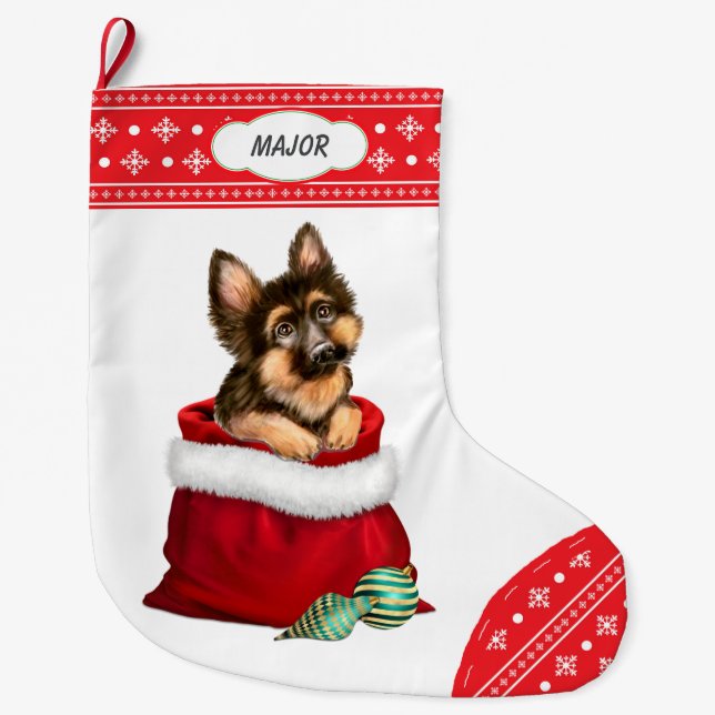 Snowflake Border German Shepherd Dog Überraschung Großer Weihnachtsstrumpf (Vorderseite)