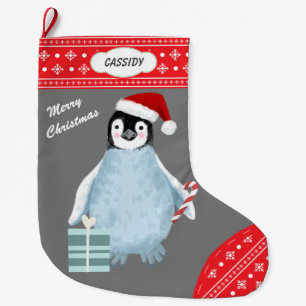 Snowflake Border Niedlich Pinguin Candy Cane Large Großer Weihnachtsstrumpf