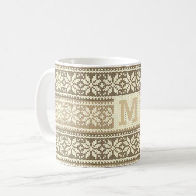Snowflake Brown Nordic Imitats Strick Sweater Mono Kaffeetasse (Vorderseite Links)