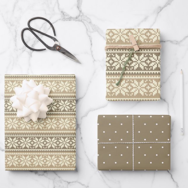 Snowflake Brown Nordic Imitats Strick Sweater Patt Geschenkpapier Set (Vorderseite)