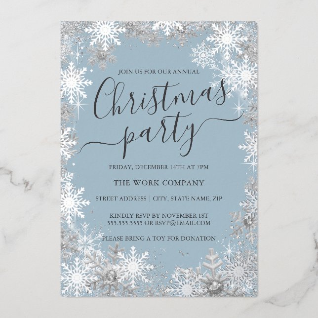 Snowflake Dusty Blue Silver Christmas Work Party Folieneinladung (Vorderseite)
