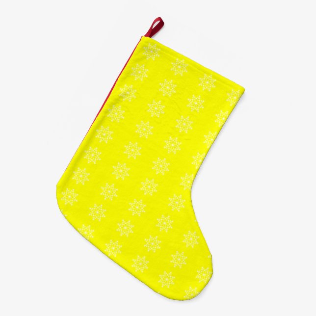 Snowflake Electric Yellow Xmas Weihnachten Großer Weihnachtsstrumpf (Vorderansicht (hängend))