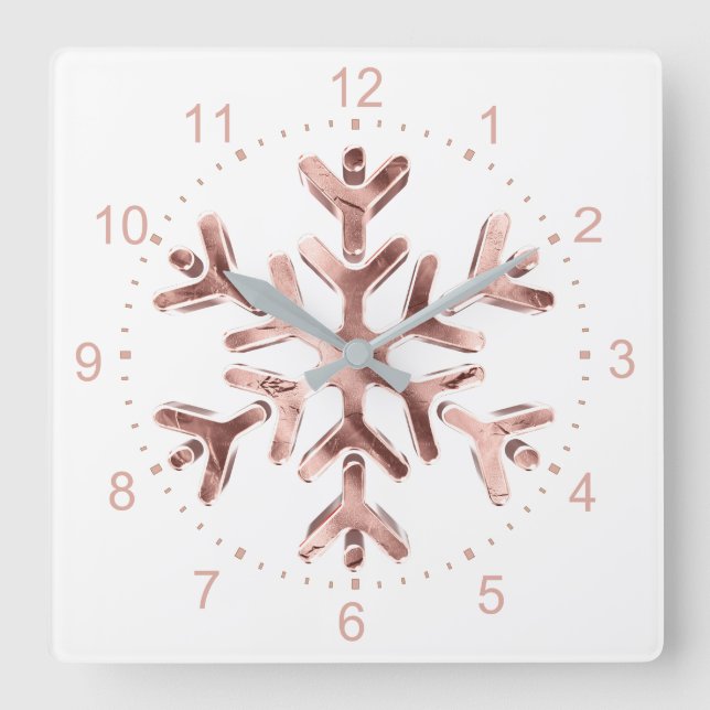 Snowflake Elegant Rose Gold Christmas Quadratische Wanduhr (Vorderseite)