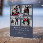 Snowflake Emblem Foto Collage | Blau Feiertagskarte<br><div class="desc">Feiern Sie die Saison mit einer persönlichen Touch mit dieser Blue Snowflake Emblem Four Foto Collage Holiday Card. Das Design mit Platz für Ihre Fotos aus der Familie wird durch ein zartes Schneeflocken-Emblem unterstrichen, das einen festlichen, winterlichen Charme verleiht. Eine fröhliche "Frohe Weihnachten" und eine warme "Happy New Year"-Botschaft sind...</div>