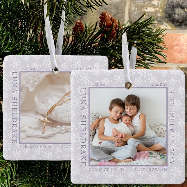 Snowflake Foto Frame Baby Birth Stats Lavendel Keramikornament (Von Creator hochgeladen)