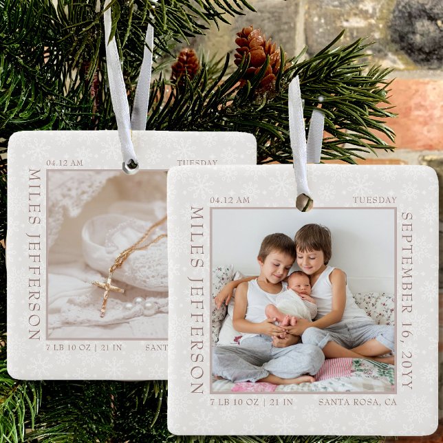 Snowflake Foto Frame Baby Birth Stats Natural Keramikornament (Von Creator hochgeladen)