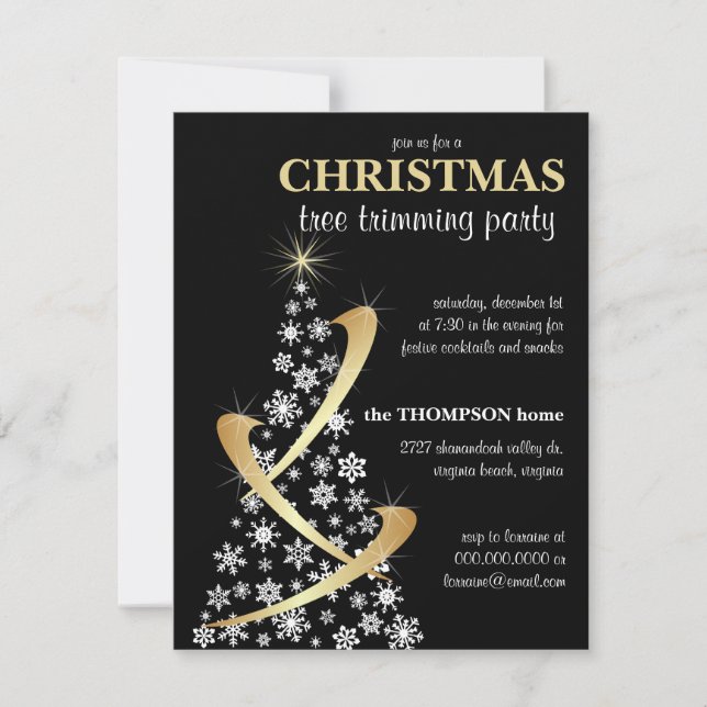 Snowflake & Gold Ribbon Christmas Tree Invitation (Devant)