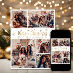 Snowflake Gold und White 5 Foto Collage Weihnachte Feiertagskarte<br><div class="desc">Modernes, elegantes Script Gold und White Snowflake 5 Foto Collage Frohe Weihnachts Script Holiday Card. Dieses festliche, minimalistische, skurrile 5 (5) Foto Feiertagskarte Template verfügt über eine hübsche Gitter Foto Collage, etwas Schneeflocke und sagt "Frohe Weihnachten"! Der kalligraphische Grußtext "Frohe Weihnachten" ist in einem handgeschriebenen Pinsel-Schriftart-Schrift in Gold auf weißem...</div>