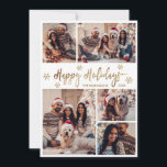 Snowflake Gold und White 5 Foto Collage Weihnachte Feiertagskarte<br><div class="desc">Moderne Elegante Gold und White Script Snowflake 5 Foto Collage Frohe Weihnachts Script Holiday Card. Dieses festliche, minimalistische, skurrile 5 (5) Foto Feiertagskarte Template verfügt über eine hübsche Gitter Foto Collage, etwas Schneeflocke und sagt "Frohe Weihnachten"! Der kalligraphische Grußtext "Frohe Weihnachten" ist in einem handgeschriebenen Pinsel-Schriftart-Schrift in Gold auf weißem...</div>