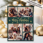 Snowflake Green und Gold 5 Foto Collage Weihnachte Feiertagskarte<br><div class="desc">Modern Simple Elegant Calligraphy Green und Gold Schneeflocken 5 Foto Collage Frohe Weihnachts Script Holiday Card. BITTE BEACHTEN SIE, DIESE 6, 5" X 8, 75" GRÖSSENKARTEN SIND GRÖSSER ALS DER DURCHSCHNITT, WEGEN DER GRÖSSEREN KARTENGRÖSSE IST ES FAST SICHER, DASS DIE POSTENKOSTEN HÖHERER SIND. WENN SIE DIE STANDARD-12x18"-GRÖSSE VORHEBEN, KÖNNEN SIE...</div>