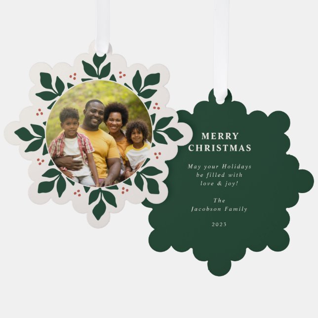 Snowflake Greenerie Rahmen Holiday Foto Ornament Karte (Vorderseite/Rückseite)