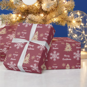 Snowflake Holiday Tree Muster auf Maroon Geschenkpapier
