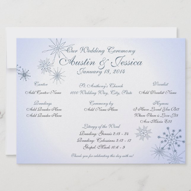 Snowflake Ice Blue Wedding Programme (Devant)