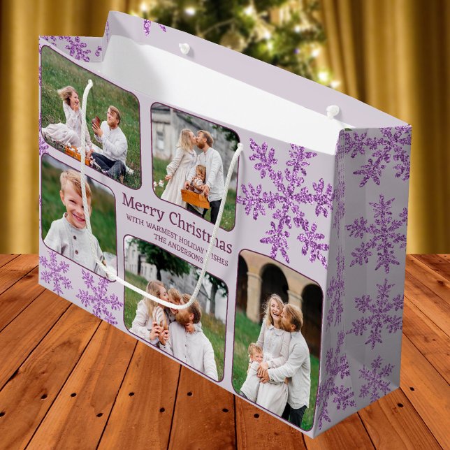 Snowflake Lila Glam 5 Foto Collage Weihnachten Große Geschenktüte (Add your photos to this custom Christmas gift bag in purple with faux glitter snowflakes for glam)