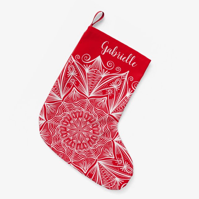 Snowflake Mandala Kalligrafie Name Rot und Weiß Kleiner Weihnachtsstrumpf (Vorderansicht (hängend))