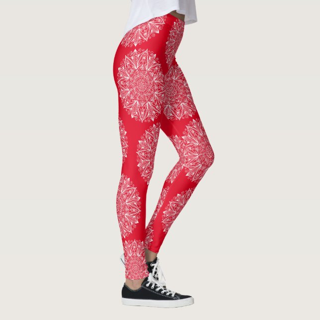 Snowflake Mandala Rot und Weiß Wintermuster Leggings (Rechts)