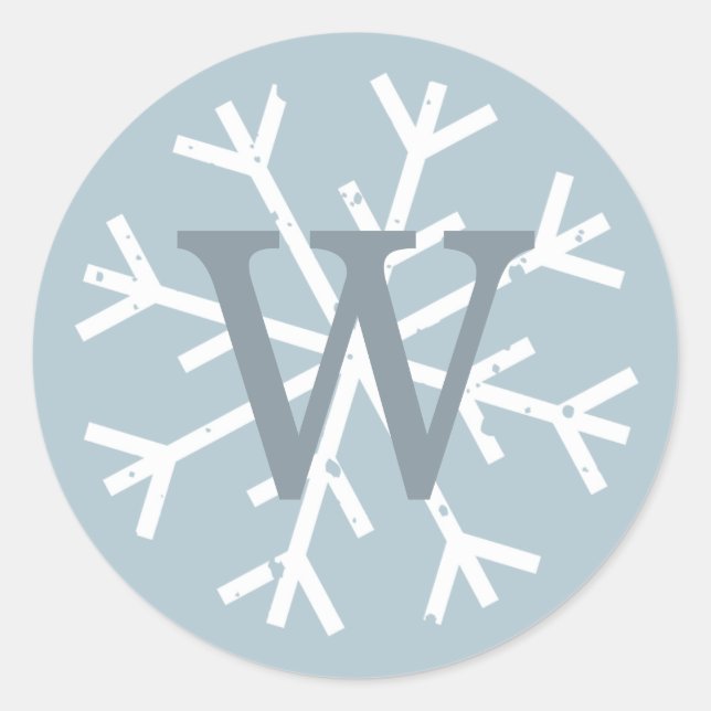Snowflake Monogram Modern Blue Runder Aufkleber (Vorderseite)