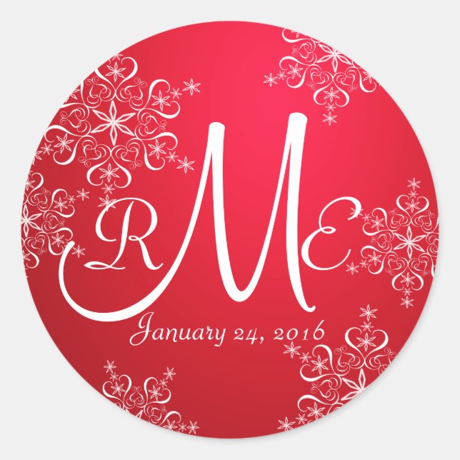 Snowflake Monogram Wedding Red 2 Runder Aufkleber (Vorderseite)