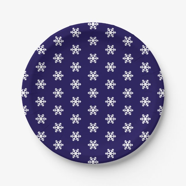 Snowflake Muster Navy Blue & White Winter Pappteller (Vorderseite)