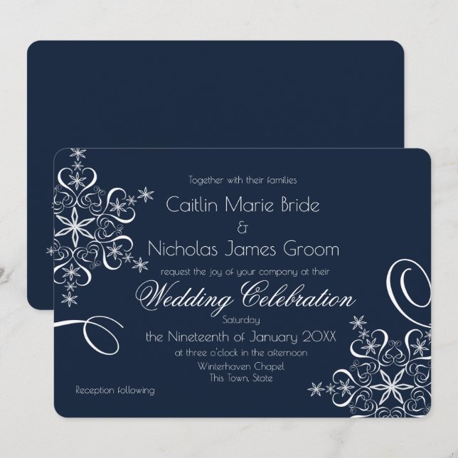 Snowflake Navy Blue Elegance Winter Hochzeit Einladung (Vorne/Hinten)