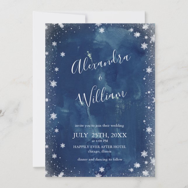 Snowflake Navy Blue Watercolor Winter Wedding Einladung (Vorderseite)