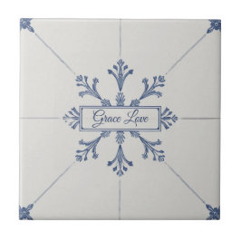 Snowflake pattern blue & white holiday custom name fliese