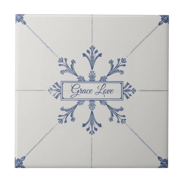 Snowflake pattern blue & white holiday custom name fliese (Vorderseite)
