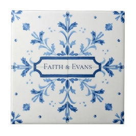 Snowflake pattern blue & white holiday custom name fliese