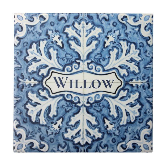 Snowflake pattern blue & white holiday custom name fliese (Vorderseite)