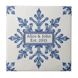 Snowflake pattern blue & white holiday custom name fliese
