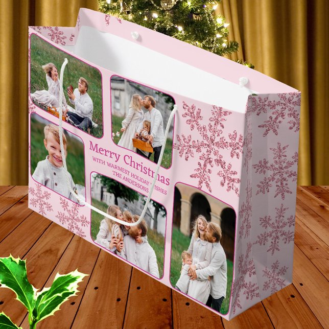 Snowflake Pink Glam 5 Foto Collage Weihnachten Große Geschenktüte (This pink snowflake design plus your photos creates custom designer Christmas gift bags just for you)