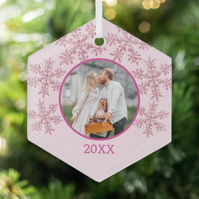 Snowflake Pink Glam Niedliches Foto Weihnachten Ornament Aus Glas (Add your photo to the faux sparkle pink snowflake design for one of a kind Christmas ornaments)