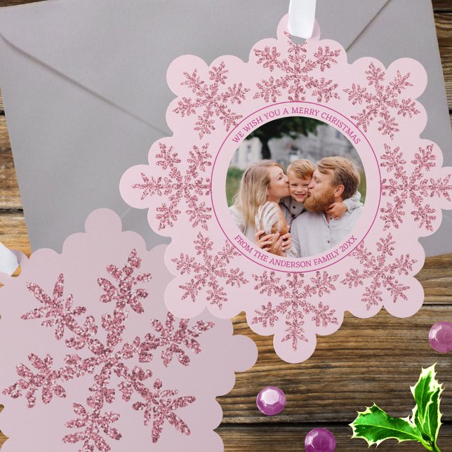 Snowflake Pink Glam Niedliches Foto Weihnachten Ornament Karte (Personalized paper ornament cards, so fun! Add your photo to the pink faux glitter snowflake design)