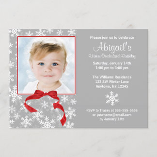 Snowflake Red Bow Winter Onederland Foto Geburtsta Einladung