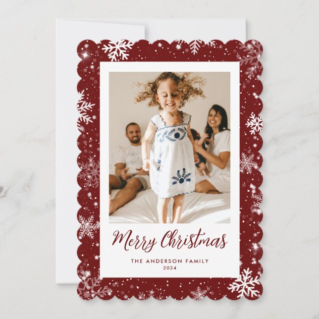Snowflake Rotes Foto Frohe Weihnachtskarte Feiertagskarte (Vorderseite)