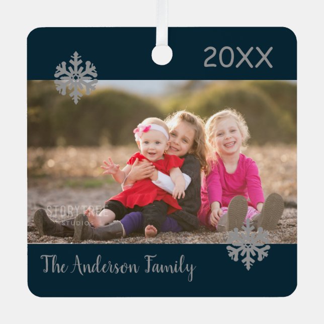 Snowflake Weihnachts-Foto Ornament Aus Metall (Vorderseite)
