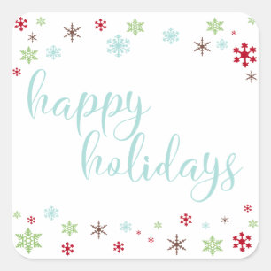 Snowflake Whimsy Happy Holidays, Robin's Egg Blue Quadratischer Aufkleber