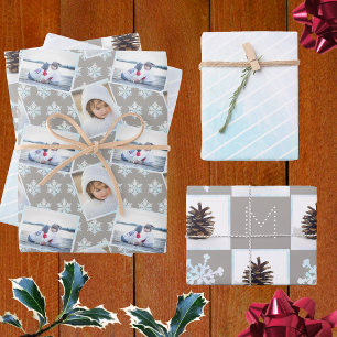 Snowflake White Opal Pinstreifen 3 Foto Weihnachte Geschenkpapier Set