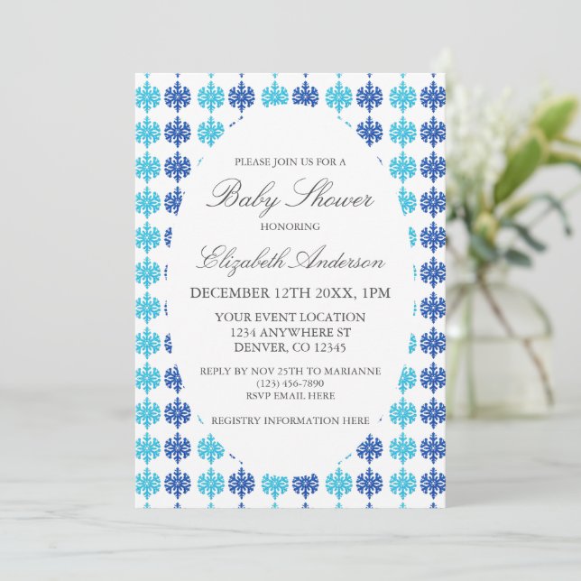 Snowflake Winter Baby Dusche Einladung (Stehend Vorderseite)