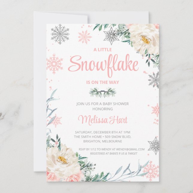 Snowflake Winter Floral Girls Babydusche Einladung (Vorderseite)