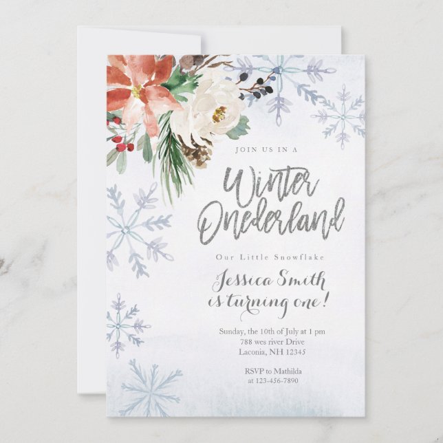 Snowflake Winter Onederland 1. Geburtstag Einladung (Vorderseite)